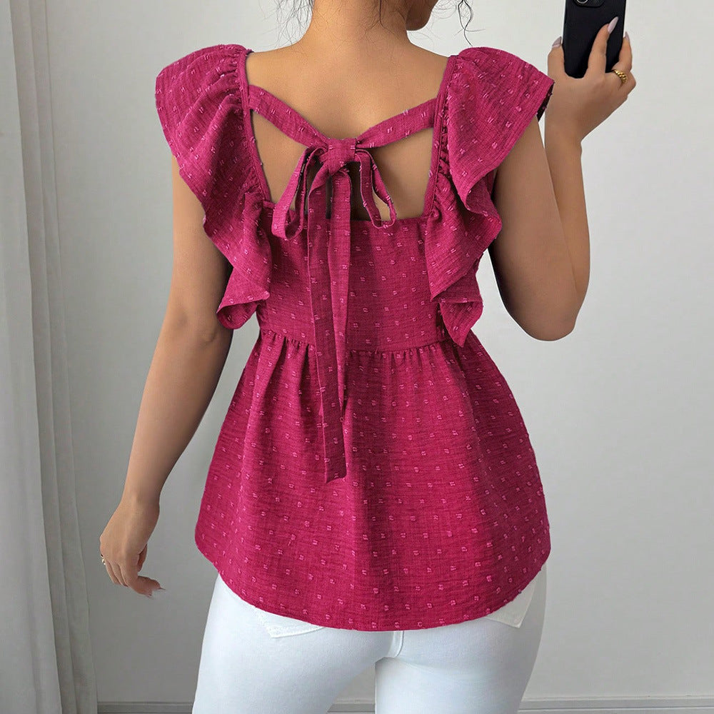 Korean-style Polka-dot Printed Bishop-sleeve Top