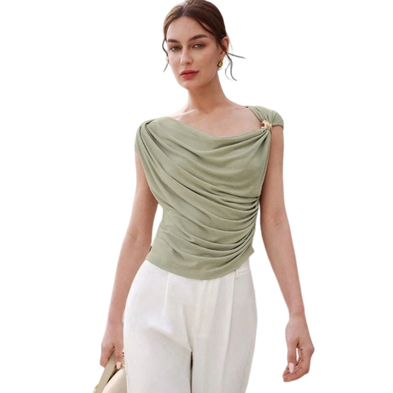 Personality Diagonal Collar Sleeveless Cinched Slimming Pullover