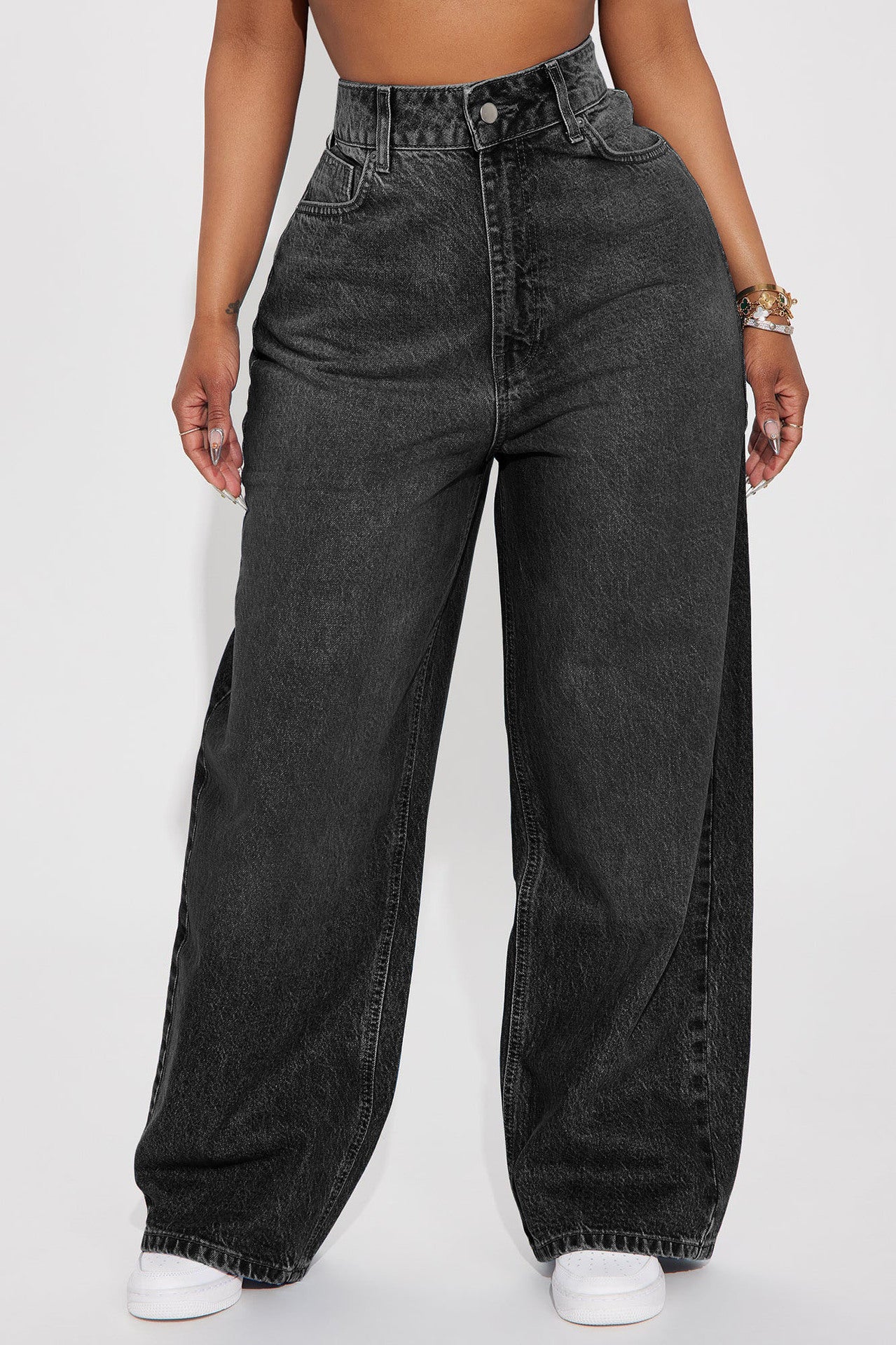 High-waisted Dark-blue Wide-leg Floor-length Jeans