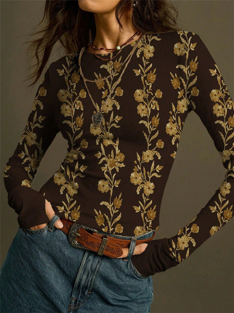 Retro Floral-print Knit Slim-fit Blouse Top
