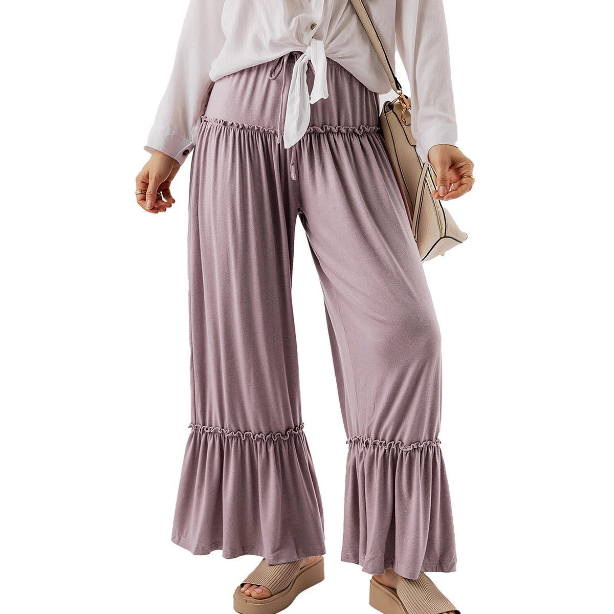 High-waisted Casual Drawstring Wide-leg Pants