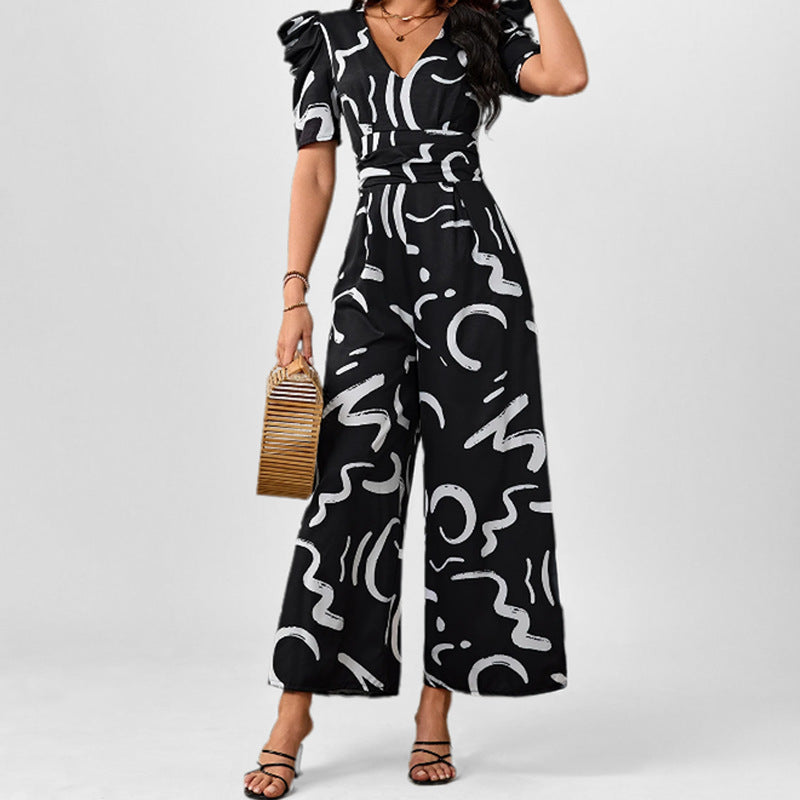 Chic V-neck Cinched-waist Wide-leg Jumpsuit