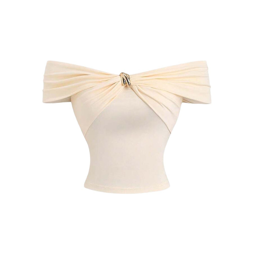 Metal-Clasp Off-Shoulder Short Sleeve CropTop