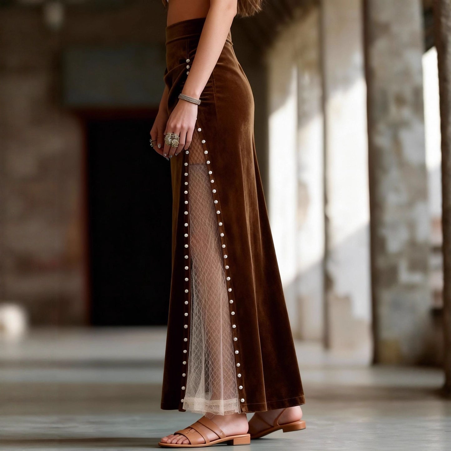Retro Mesh Patchwork Beaded Long Skirt
