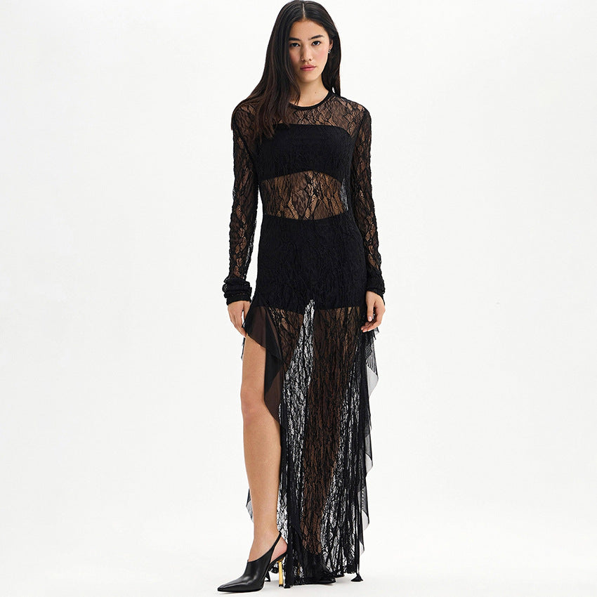 Lace See-Through Long-Sleeve Dress