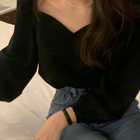 Square Neck Puff Sleeve Velvet Shirt Long Sleeve