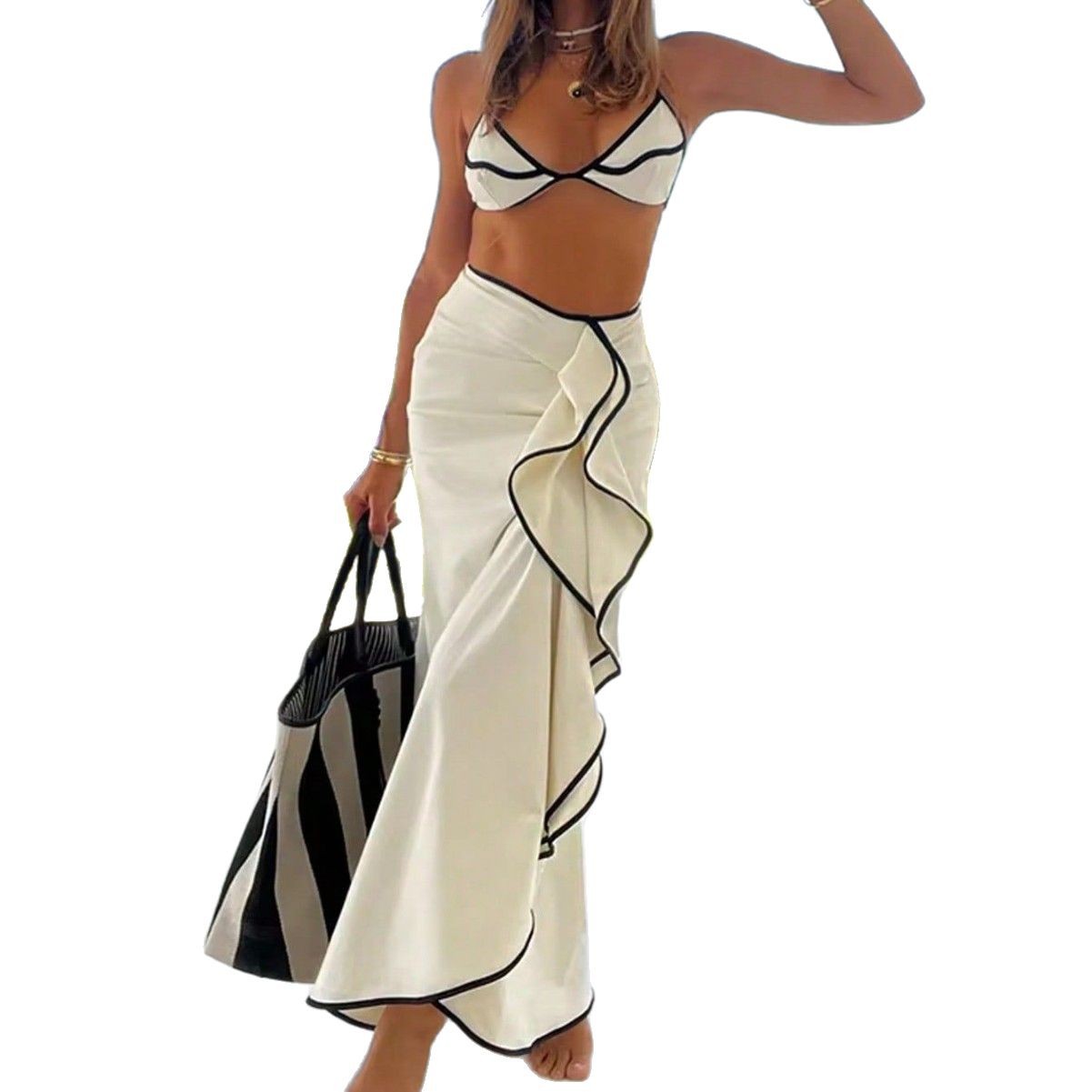 Women's Simple Casual Multicolor Long Skirt Bikini Three-piece Set