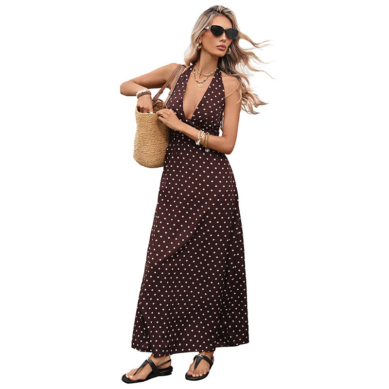 Casual Dot Slim V-neck Long Dresses For Women