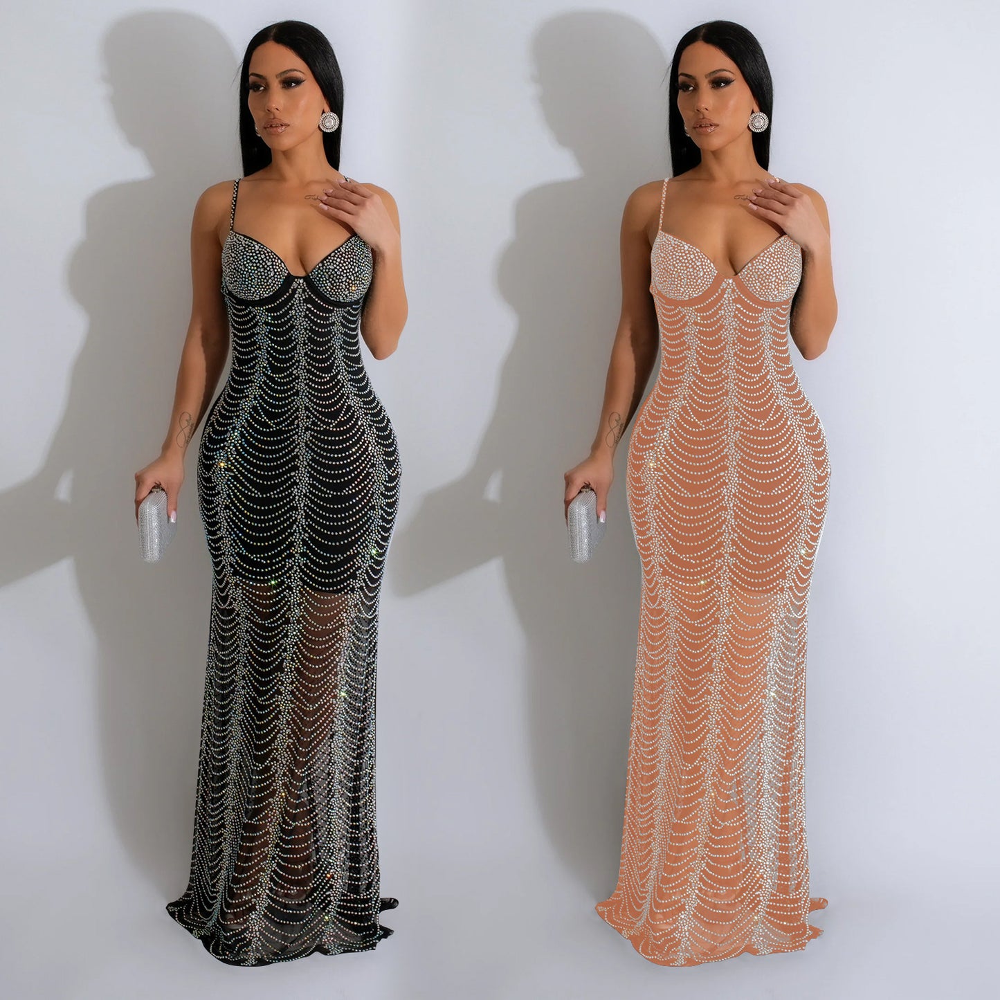 Pure Color Mesh Rhinestone Strap Dress