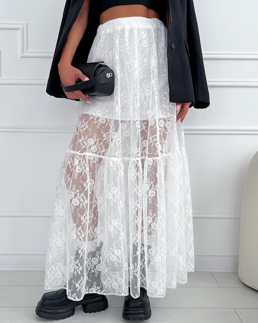 Sheer Polyester Lace A-Line Long Skirt