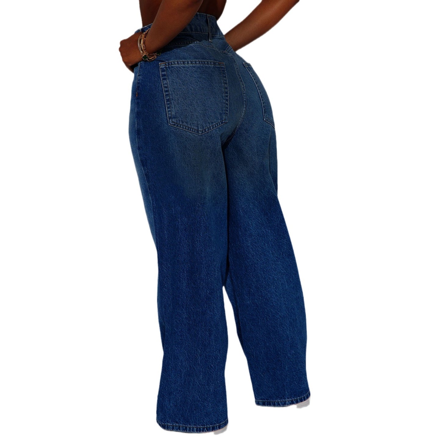 High-waisted Dark-blue Wide-leg Floor-length Jeans