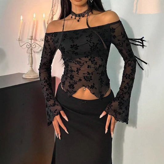 Floral Mesh Off-the-Shoulder Flare-Sleeve Top