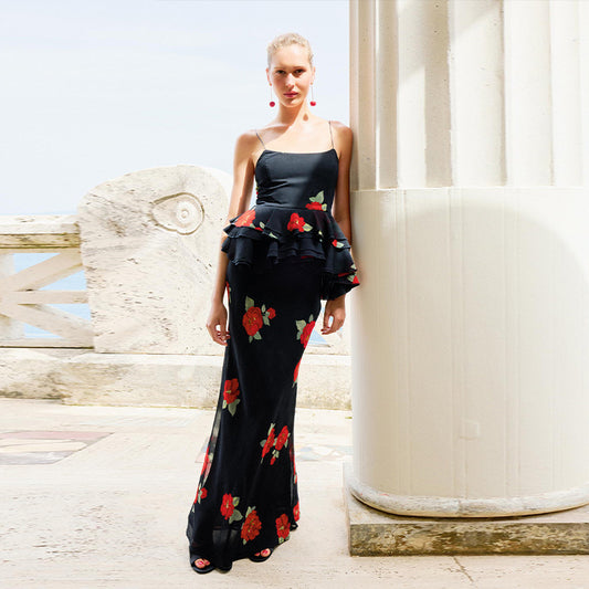Floral Mesh Split Bodycon Skirt And Camisole Set For Women