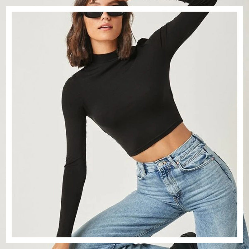 Tight Long Sleeve Half Turtleneck Crop Top
