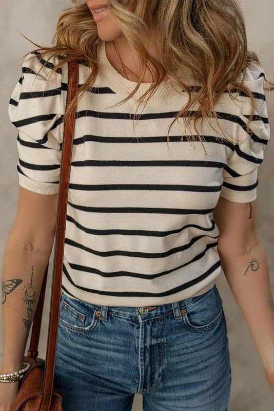 Puff Short-Sleeve Striped T-Shirt Blouse