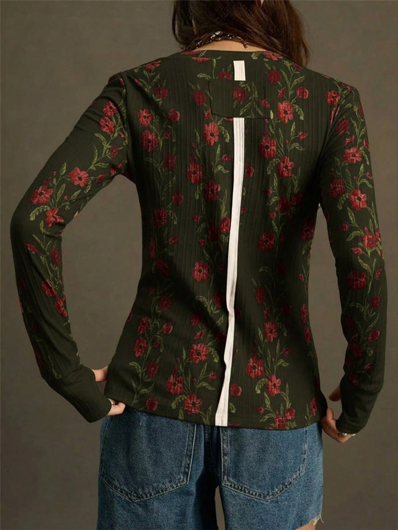 Retro Floral-print Knit Slim-fit Blouse Top