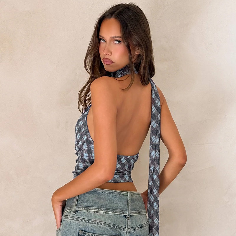 Vintage Plaid Halter-neck Camisole Top