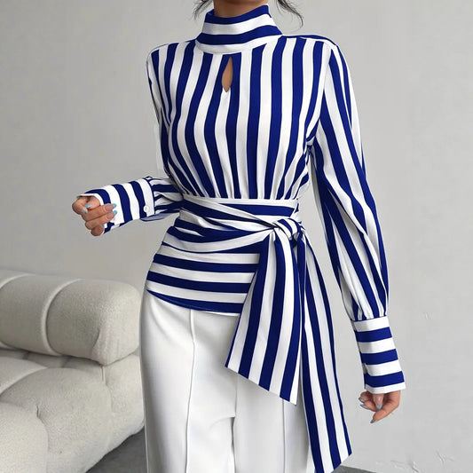 Vintage Scarf-Neck Striped Blouse