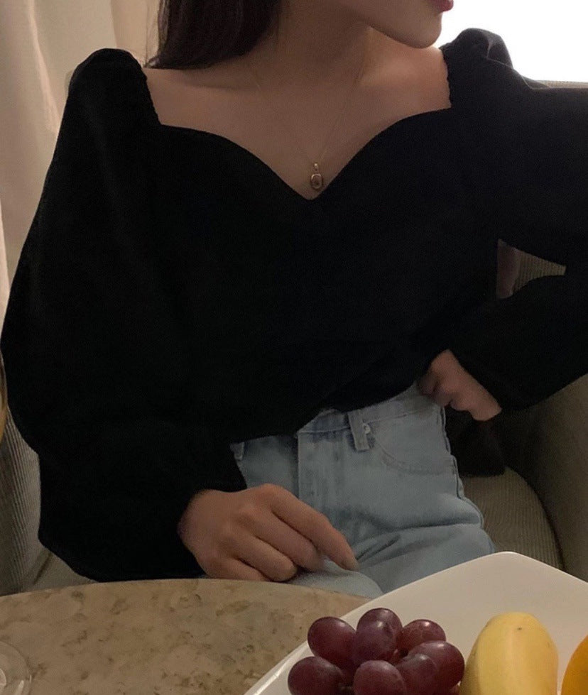 Square Neck Puff Sleeve Velvet Shirt Long Sleeve