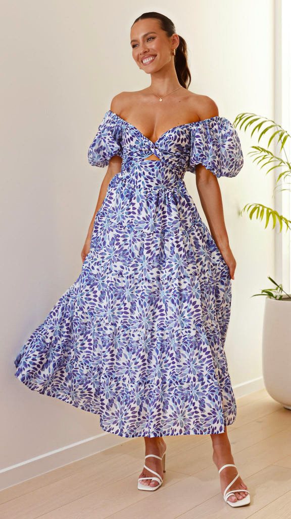 Flared Silhouette Floral Print And Puffed Sleeves Summer Dress