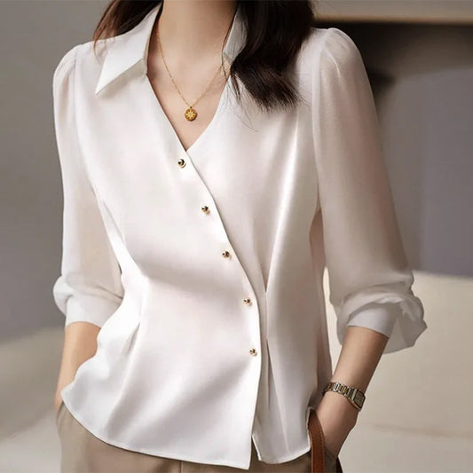Side Buttoned Satin Shirt Blouse