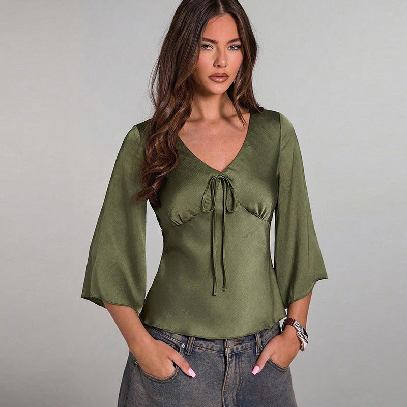 Flared Sleeve Army Green Blouse