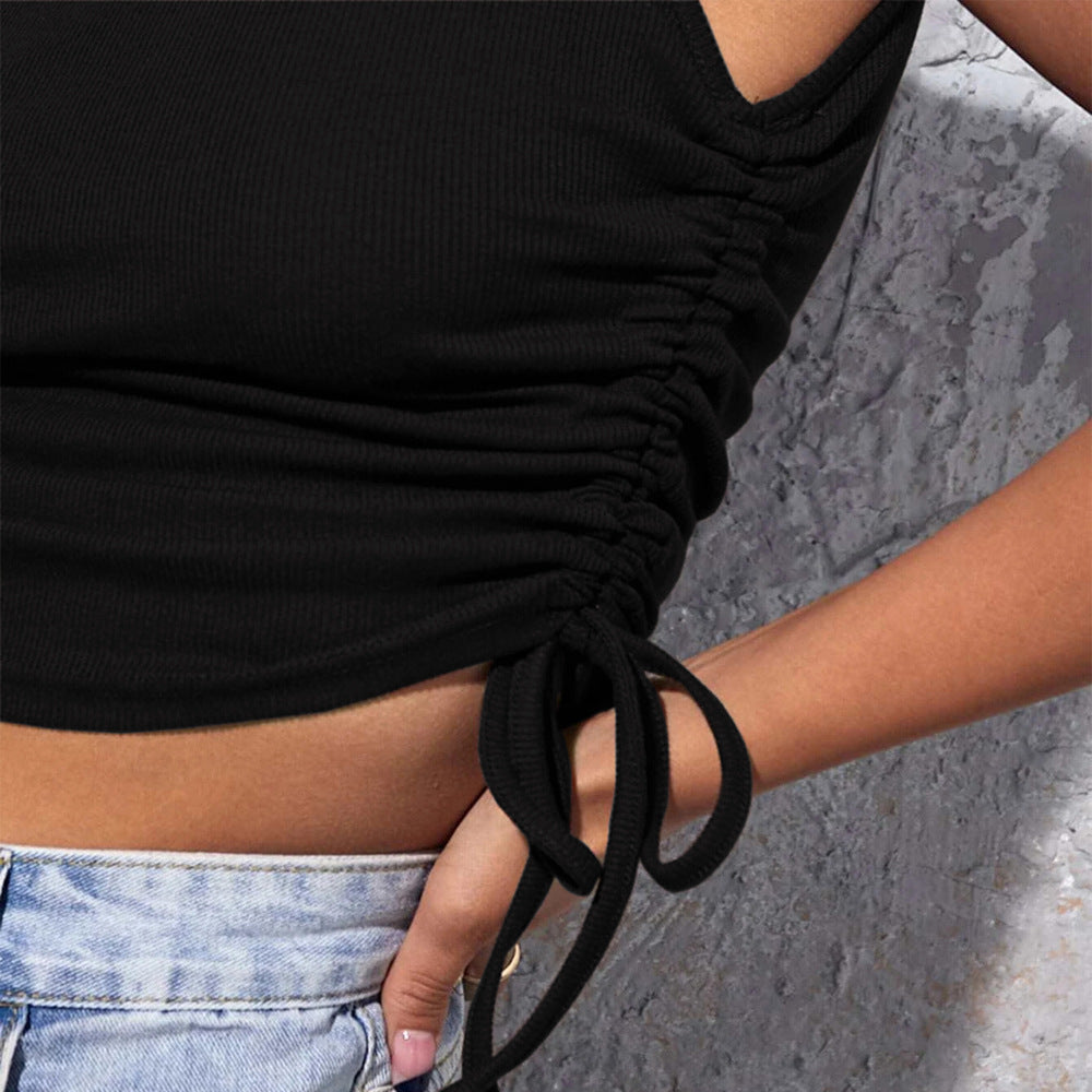 Drawstring Turtleneck Knitted Crop Top