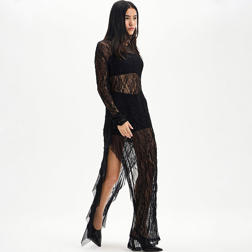 Lace See-Through Long-Sleeve Dress