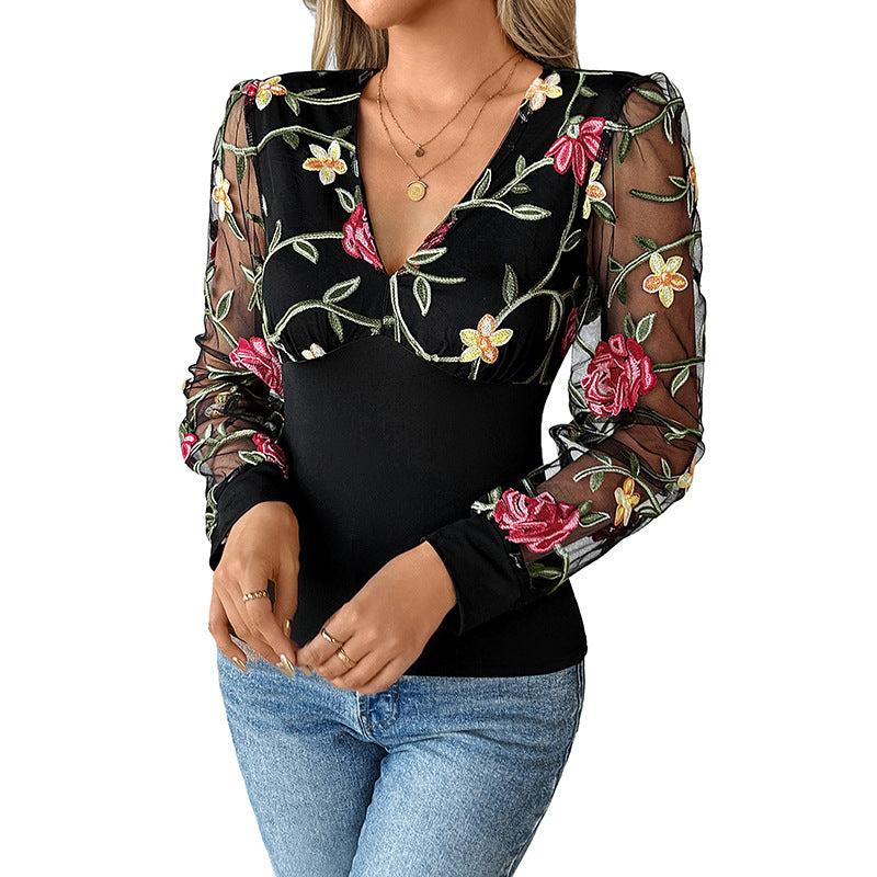 V-neck See-through Embroidery Stitching T-shirt