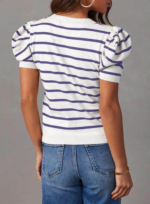 Puff Short-Sleeve Striped T-Shirt Blouse