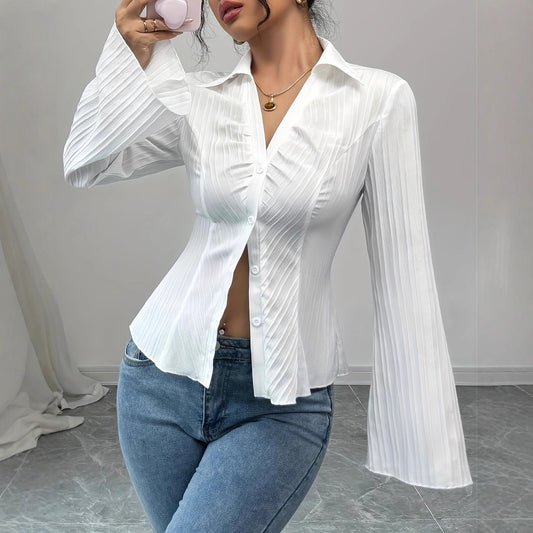 Elegant V-neck Striped Flare Sleeve Blouse