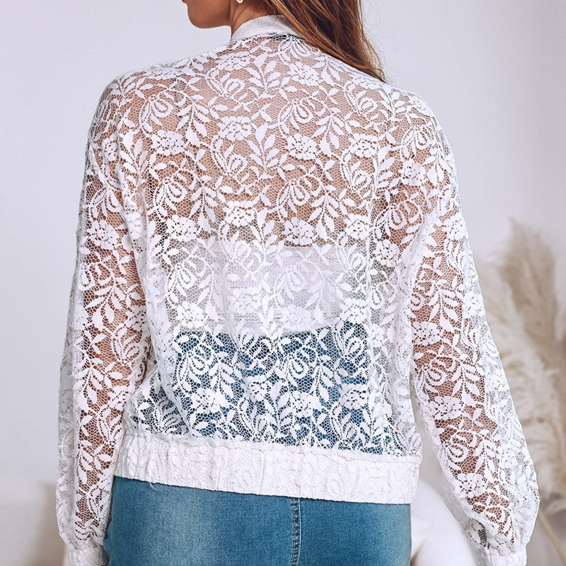 Sheer Lace Fabric Cropped Jacket With 3D Floral Detailing
