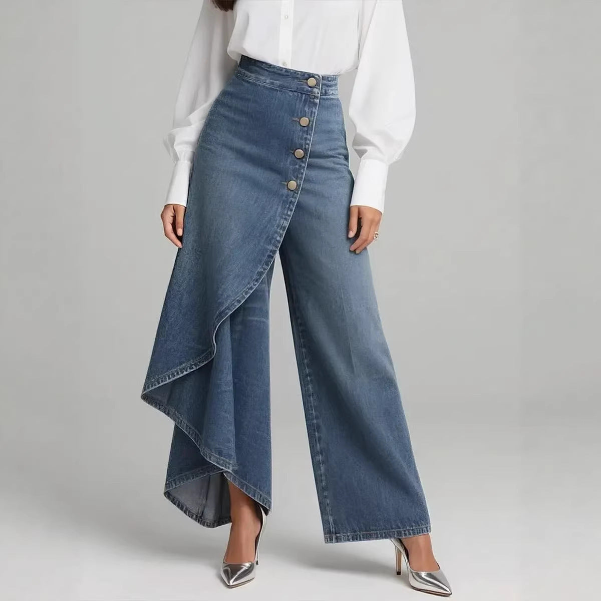 Large Ruffled Buttons Trousers Jeans