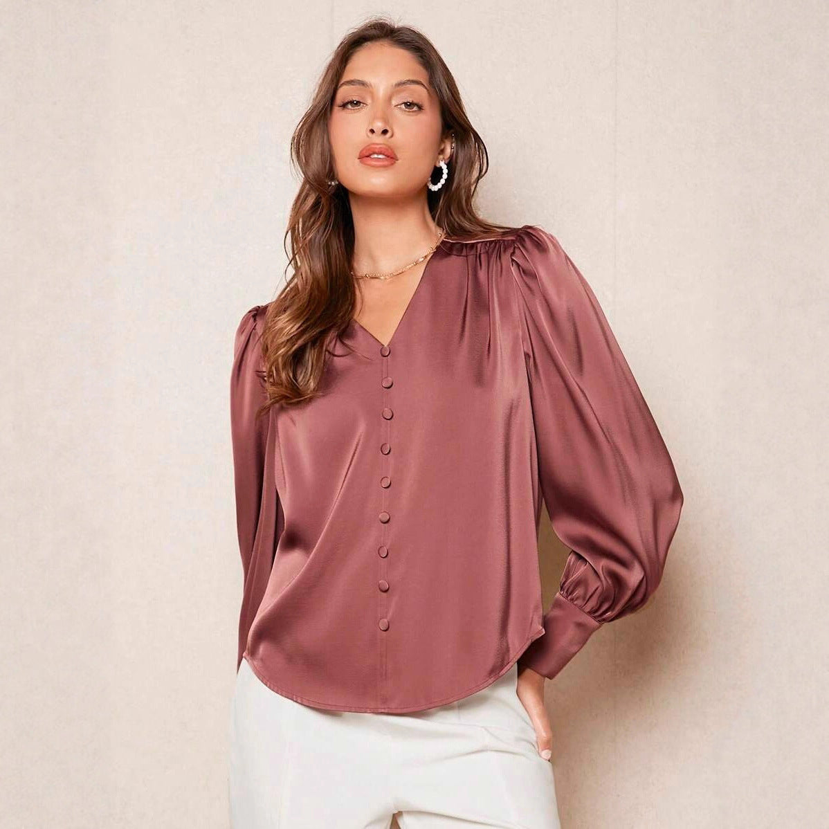 Satin Button V-neck Puff Sleeve Blouse