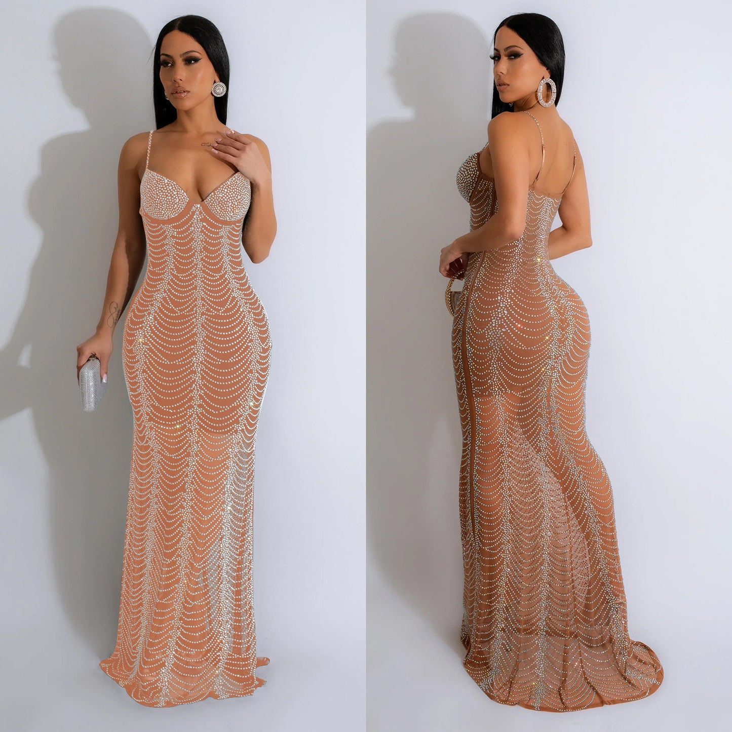 Pure Color Mesh Rhinestone Strap Dress
