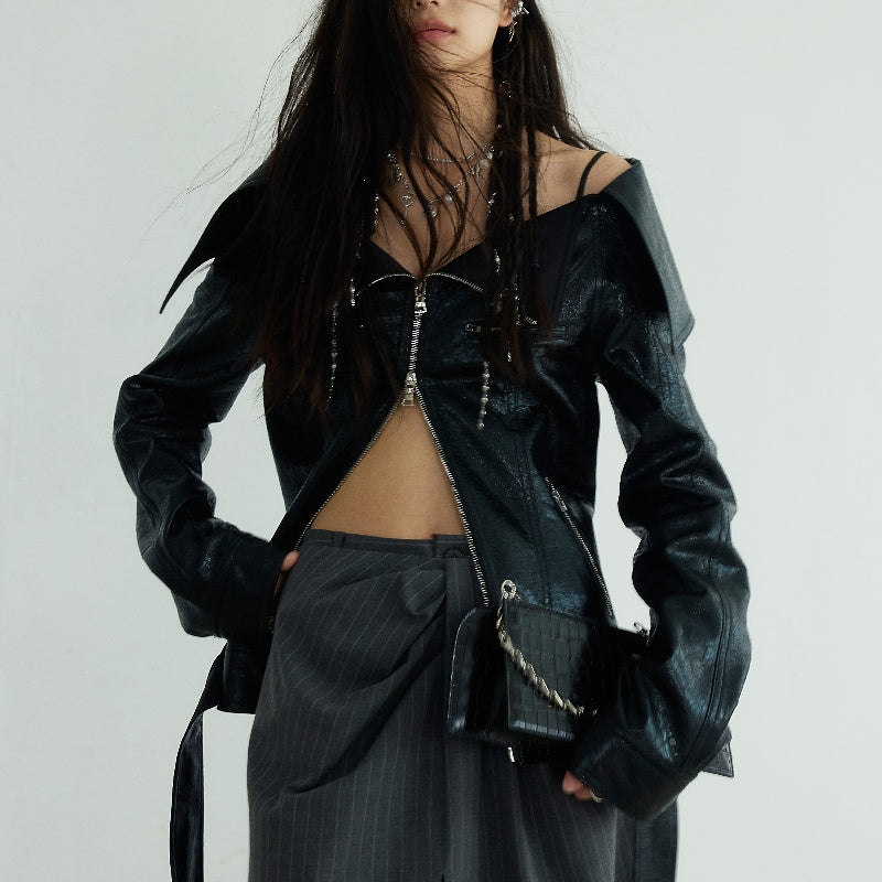 Off-shoulder Chapped PU Leather Narrow Jacket Outerwear