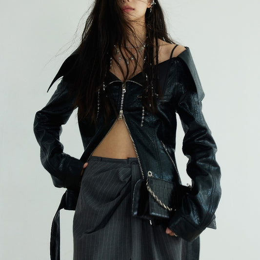 Off-shoulder Chapped PU Leather Narrow Jacket Outerwear