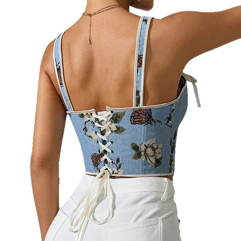 French Style Floral Vintage Vest Crop Top