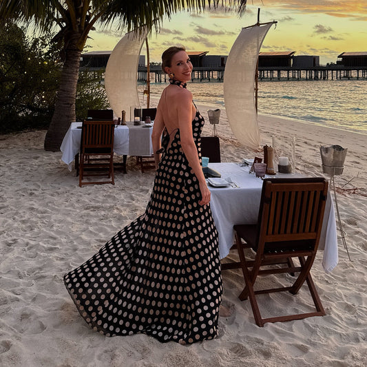 Polka Dot Backless Slit Maxi Dress
