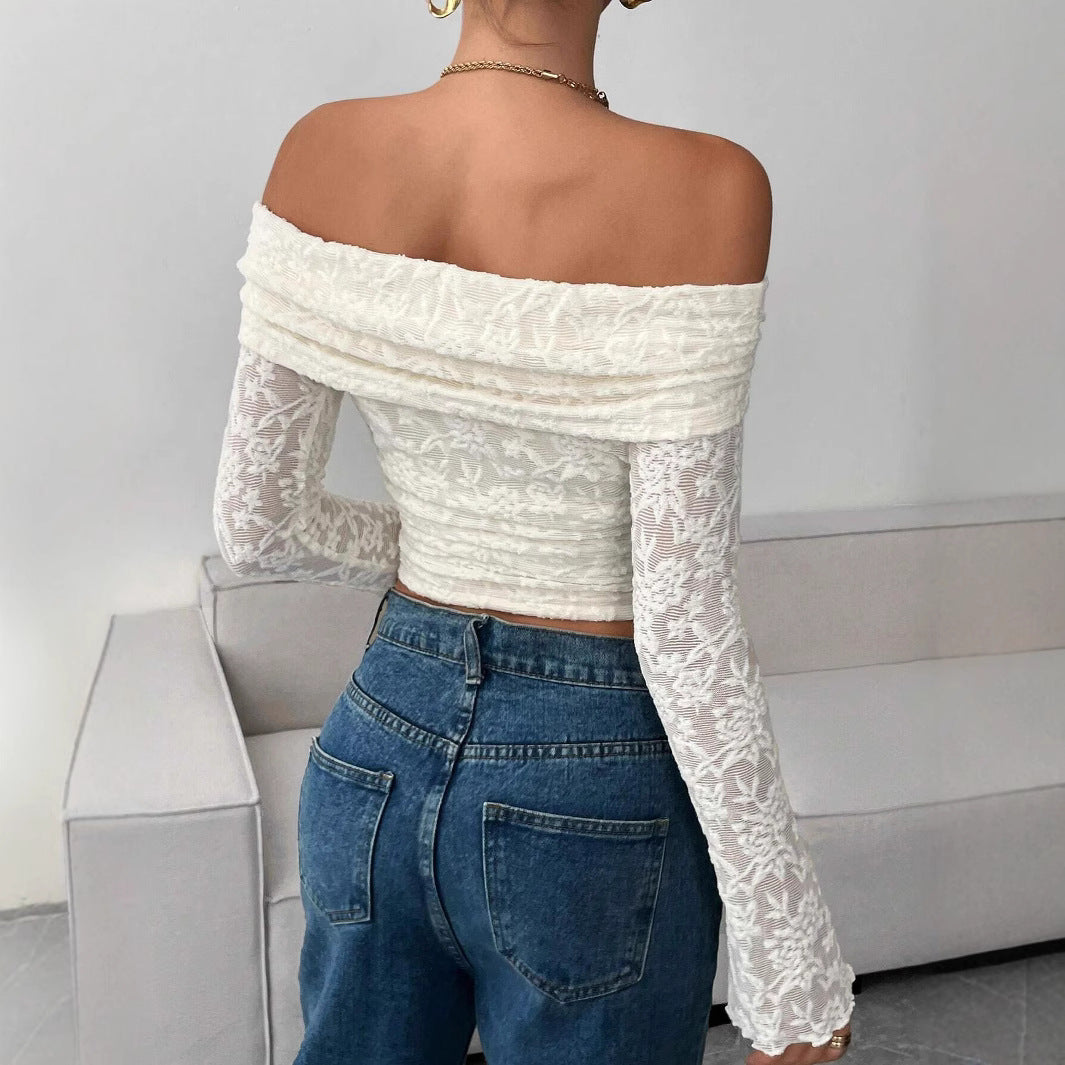 Off-shoulder Long-sleeve Slim-fit Mesh Blouse