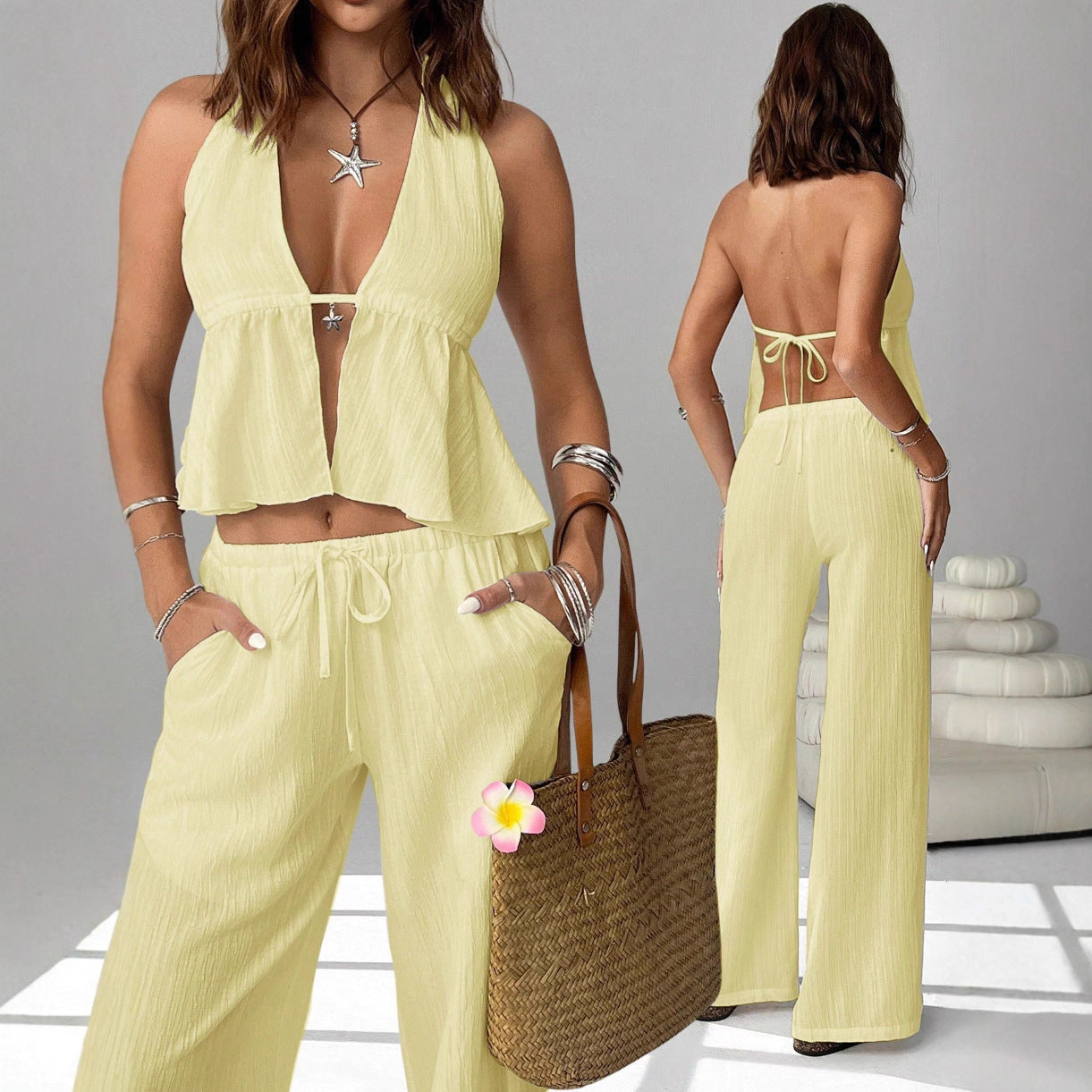 Halterneck Strap Sexy Backless Sleeveless Tank Top Set