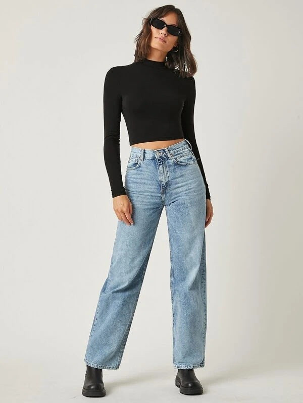 Tight Long Sleeve Half Turtleneck Crop Top