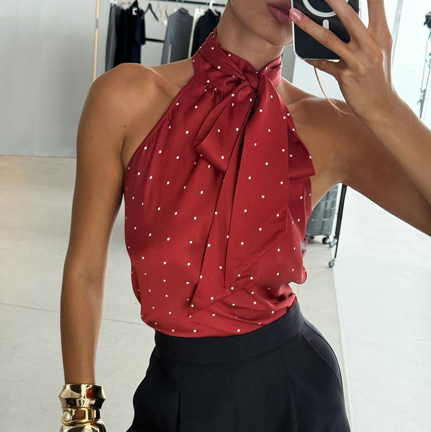Polka Dot Lace-up Halterneck Camisole