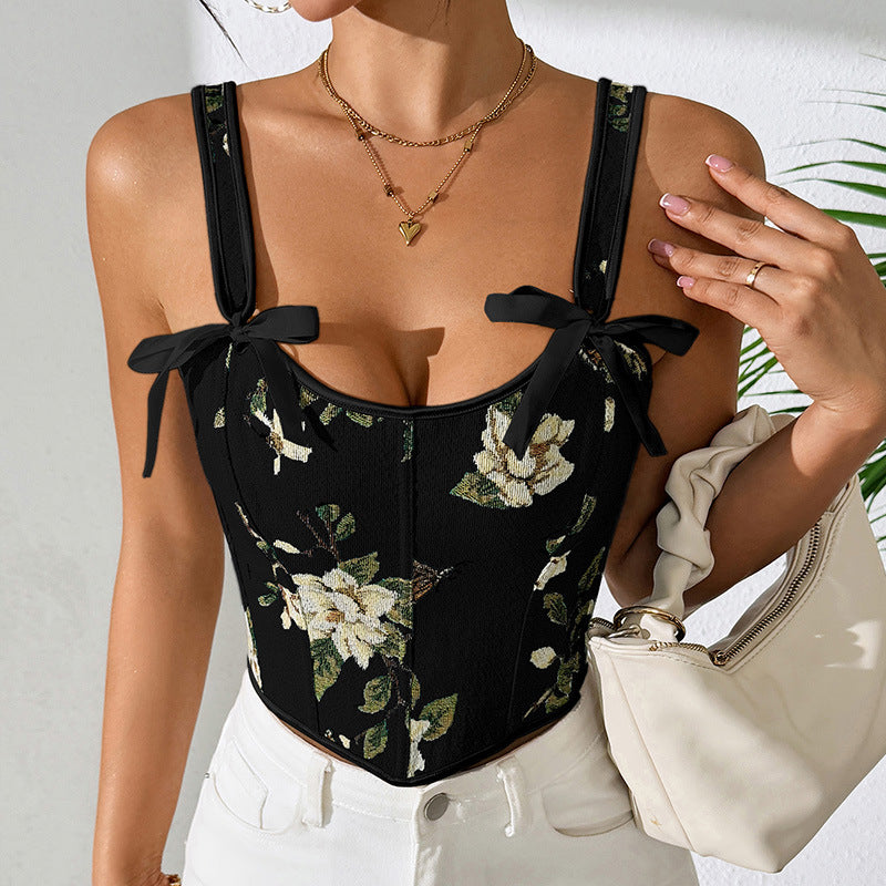 French Style Floral Vintage Vest Crop Top