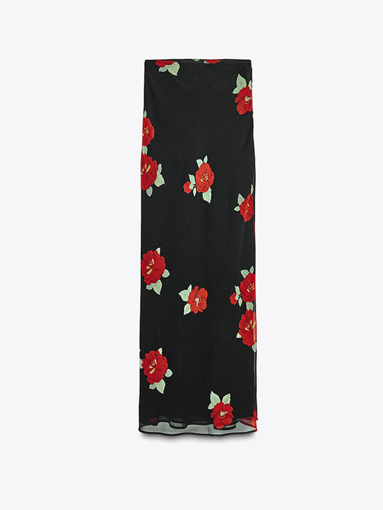 Floral Mesh Split Bodycon Skirt And Camisole Set For Women