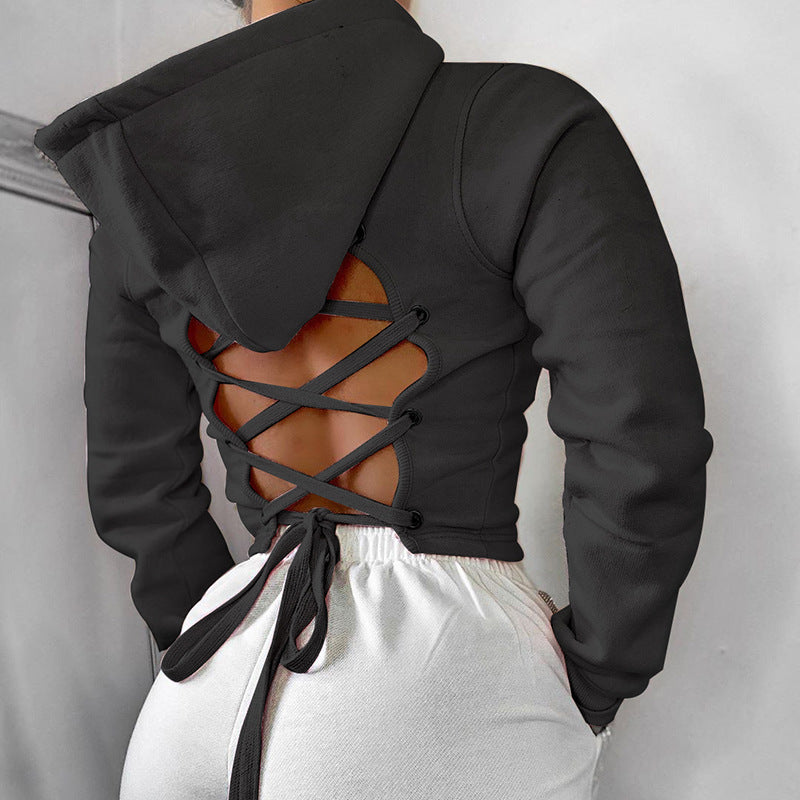 Back Hollow Lace-up Cropped Hoodie