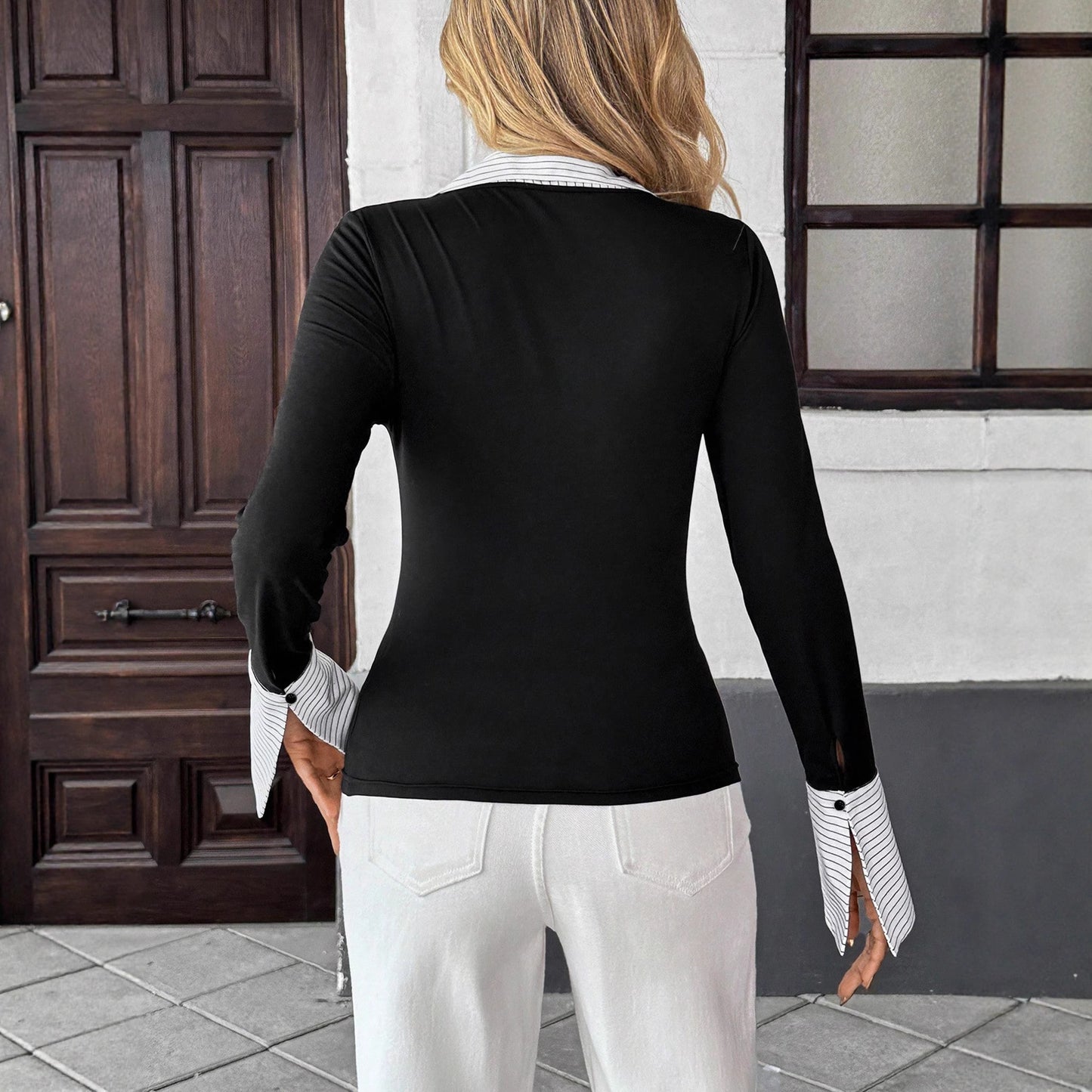 Fake Two-Piece Long Sleeve Blouse
