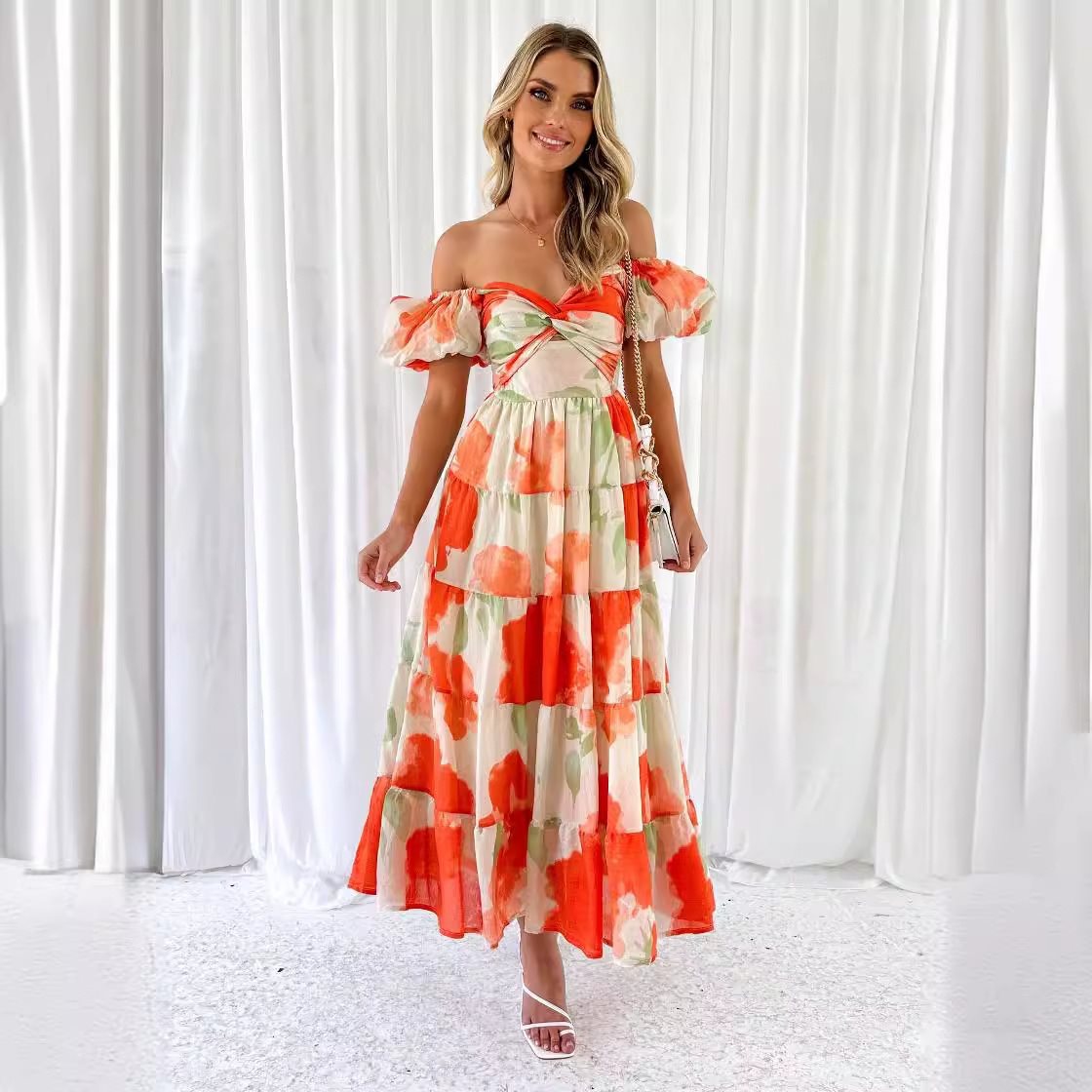 Flared Silhouette Floral Print And Puffed Sleeves Summer Dress