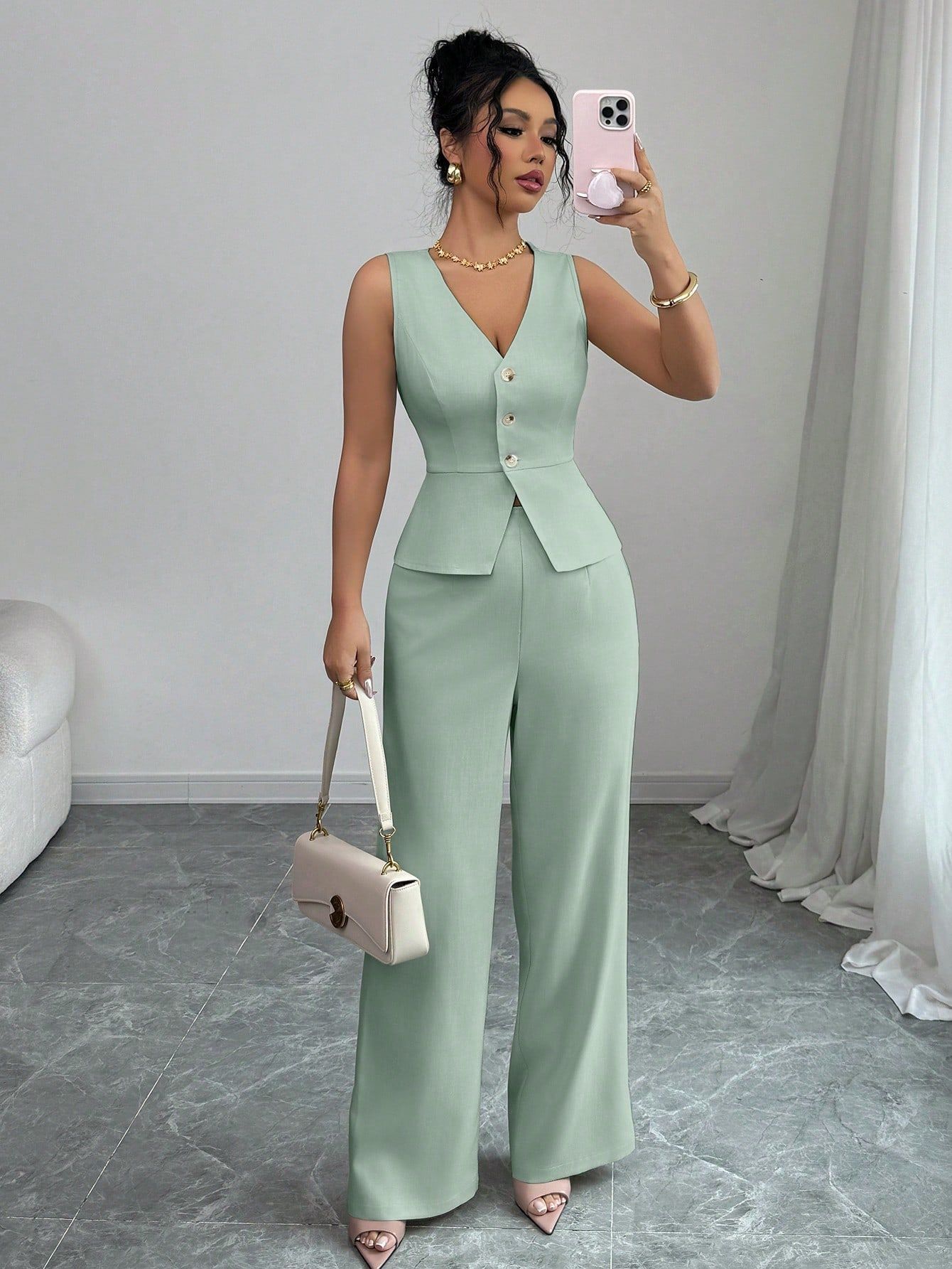 Sleeveless Slim Fit Vest High Waist Trousers Two-piece Set