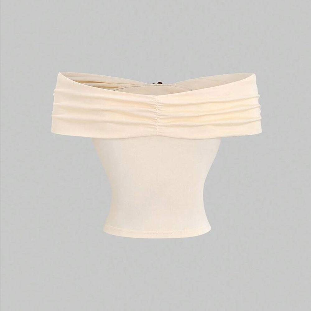Metal-Clasp Off-Shoulder Short Sleeve CropTop